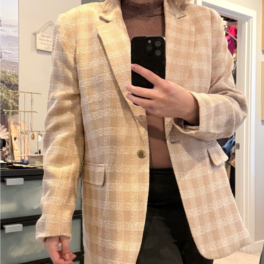 Anne Klein Beige Plaid Tweed Jacket
